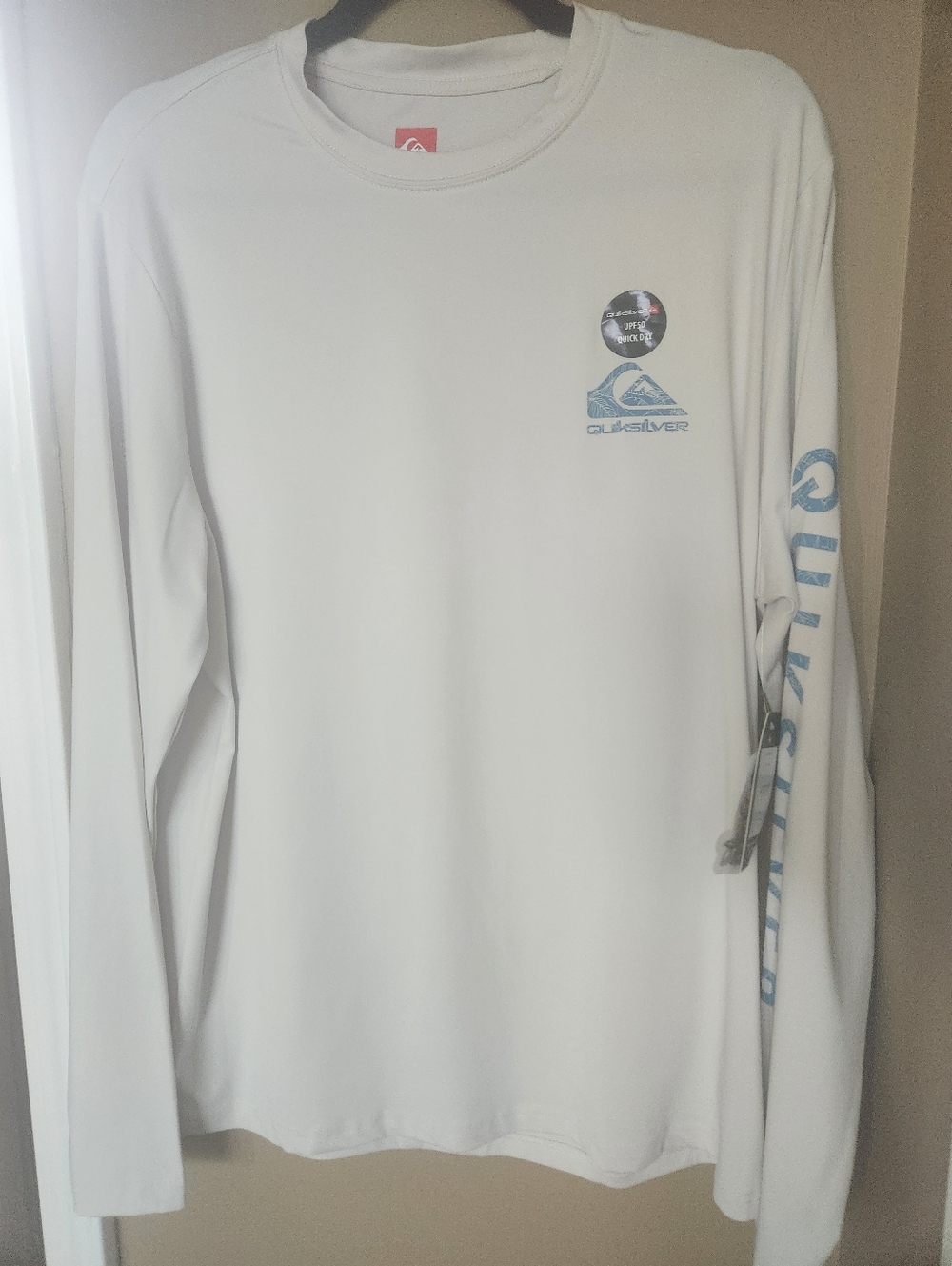 New Quiksilver White Long Sleeve Rashguard with Light Blue Logo LG